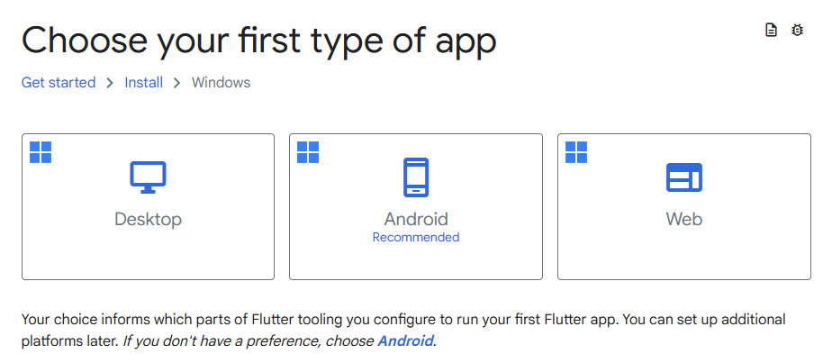 Flutter website prompt to select the type of app I intend to work on