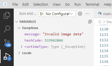 Visual Studio code editor indicating that the exception was because of invalid image data